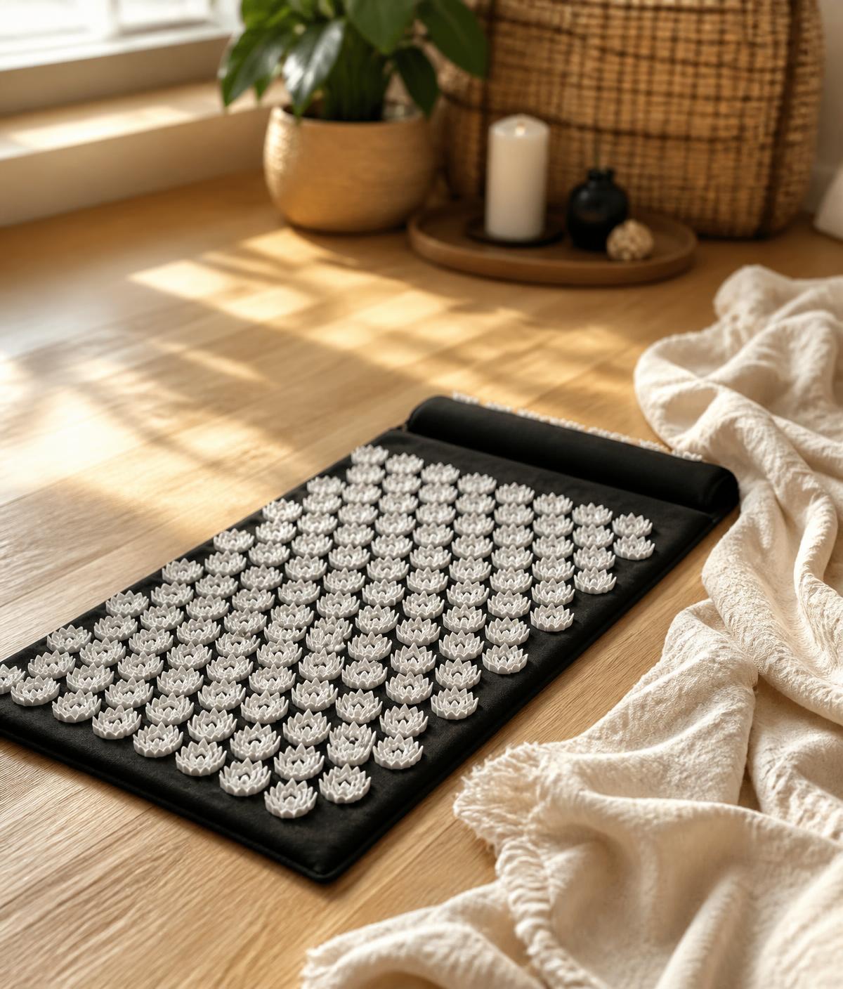 A black acupressure mat with white lotus spikes on a warm wooden floor beside a soft linen throw