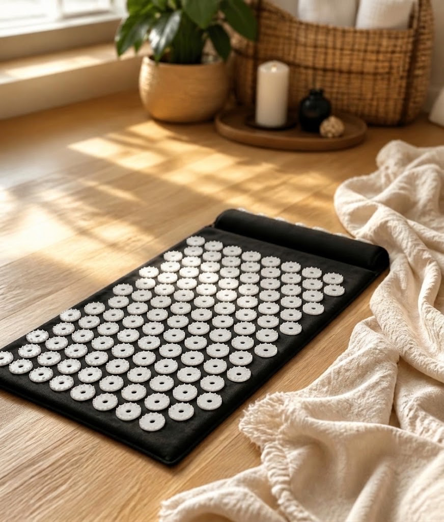 A black acupressure mat with white lotus spikes on a warm wooden floor beside a soft linen throw